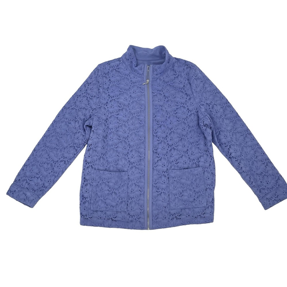 d&co Denim & Company Women L Blue Lace Zip Jacket Floral Cottagecore Romantic